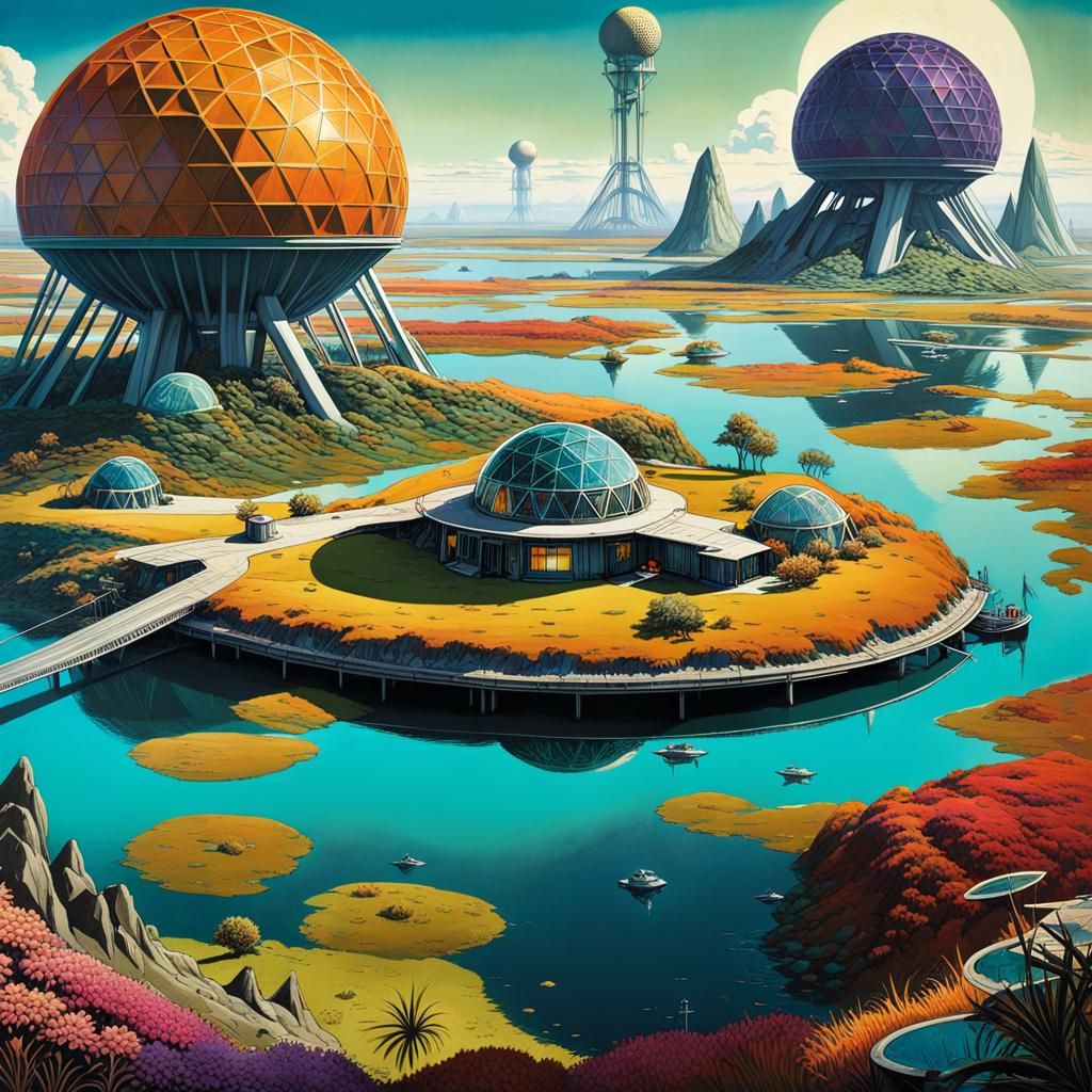 Extraterrestrial Settlement in Marshland, Futuristic Aerial ...