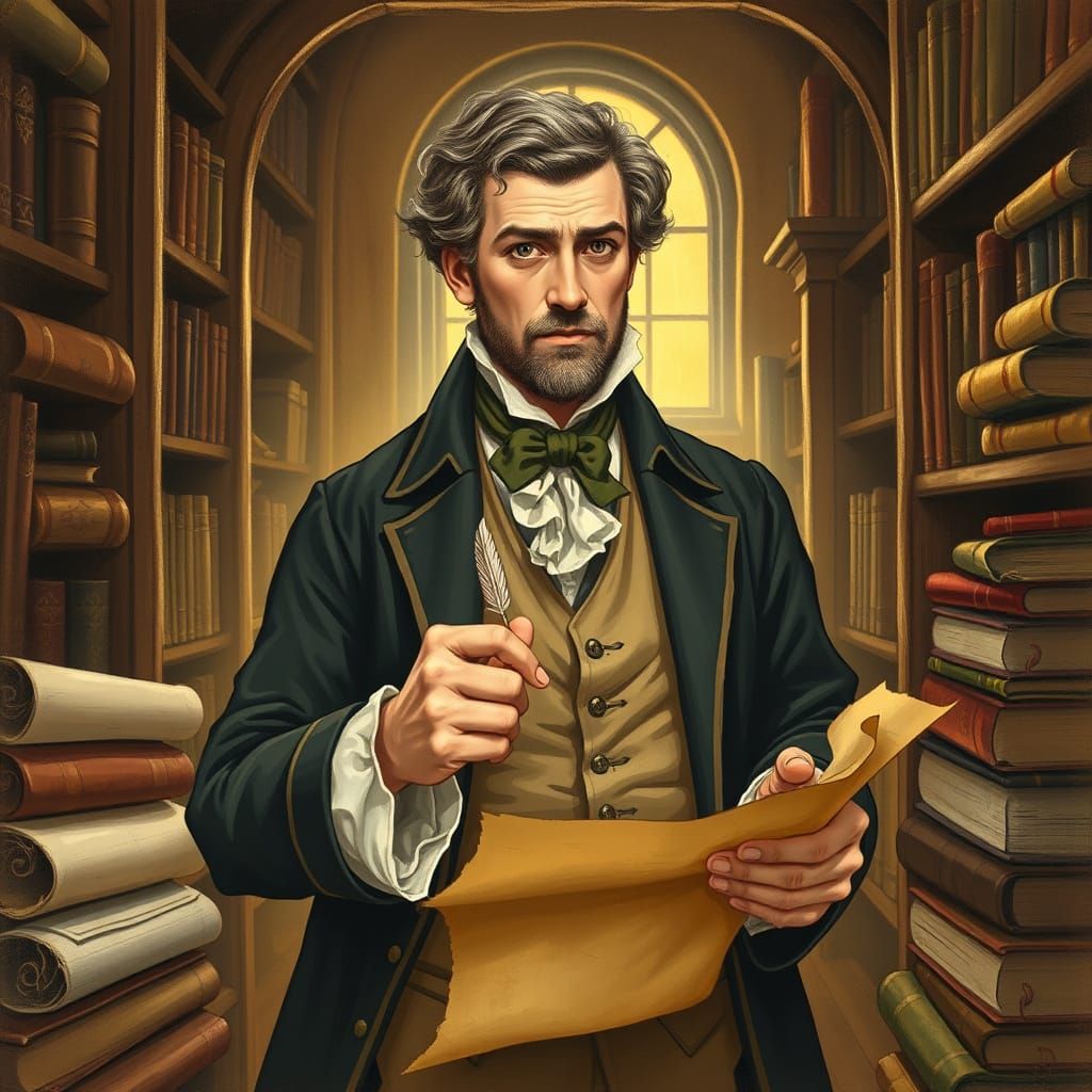 18th-Century Gentleman in Golden-Lit Library as Gouache Pain...