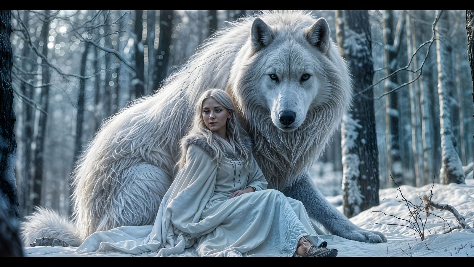 Enchanting Snowy Scene with White Wolf and Female Figure