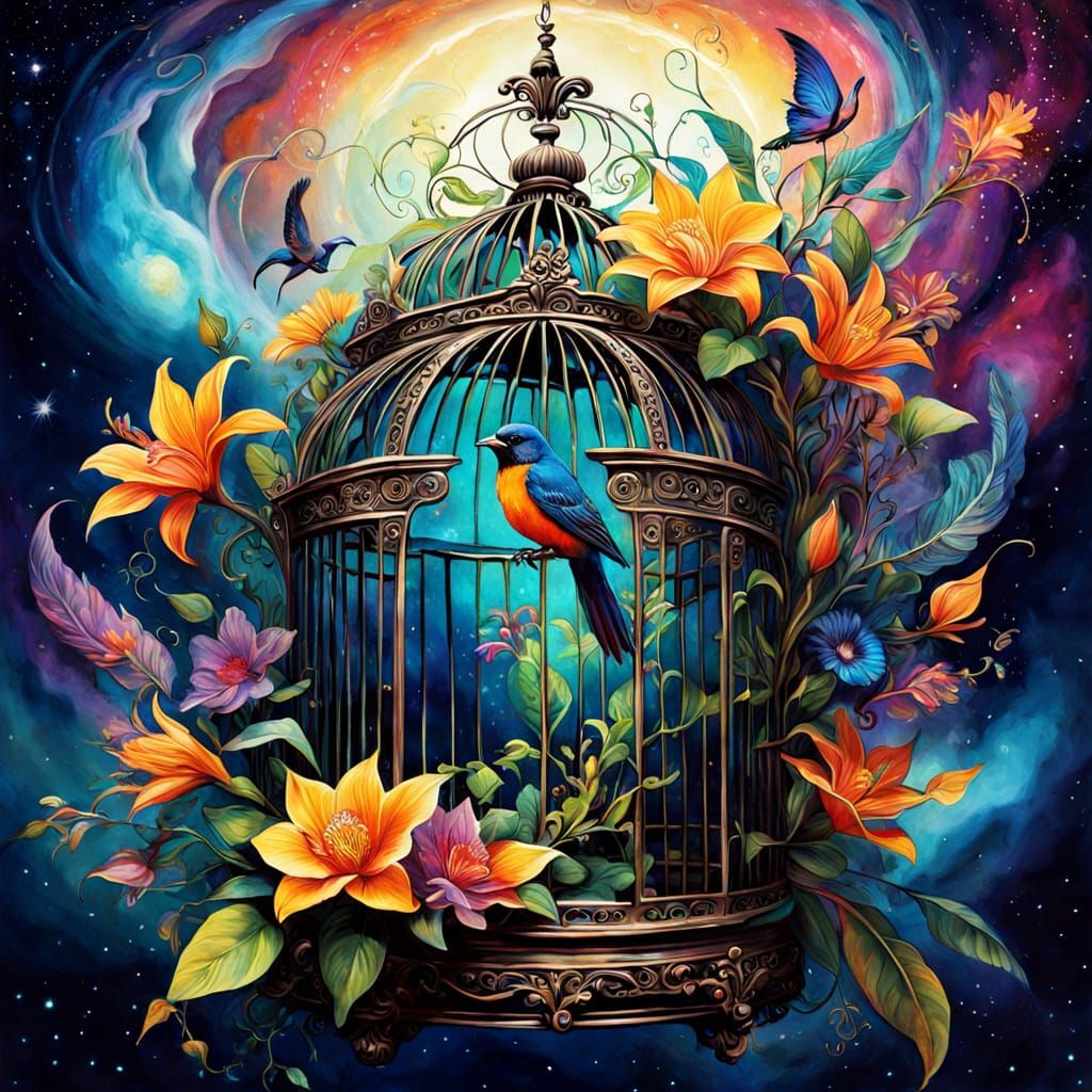 Bioluminescent Flora Bursting From Ornate Birdcage in Cosmic...