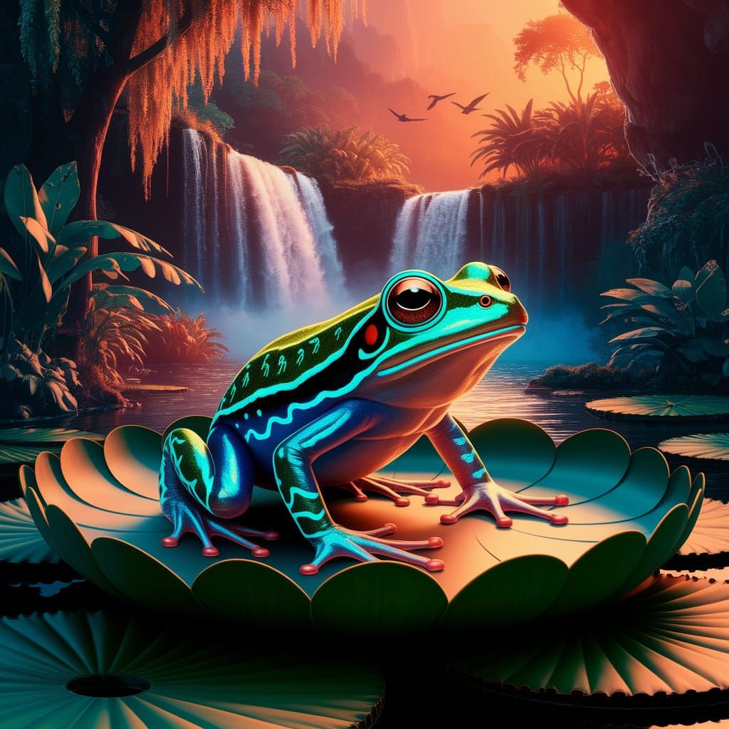 Bioluminescent Frog on Lily Pad Digital Painting