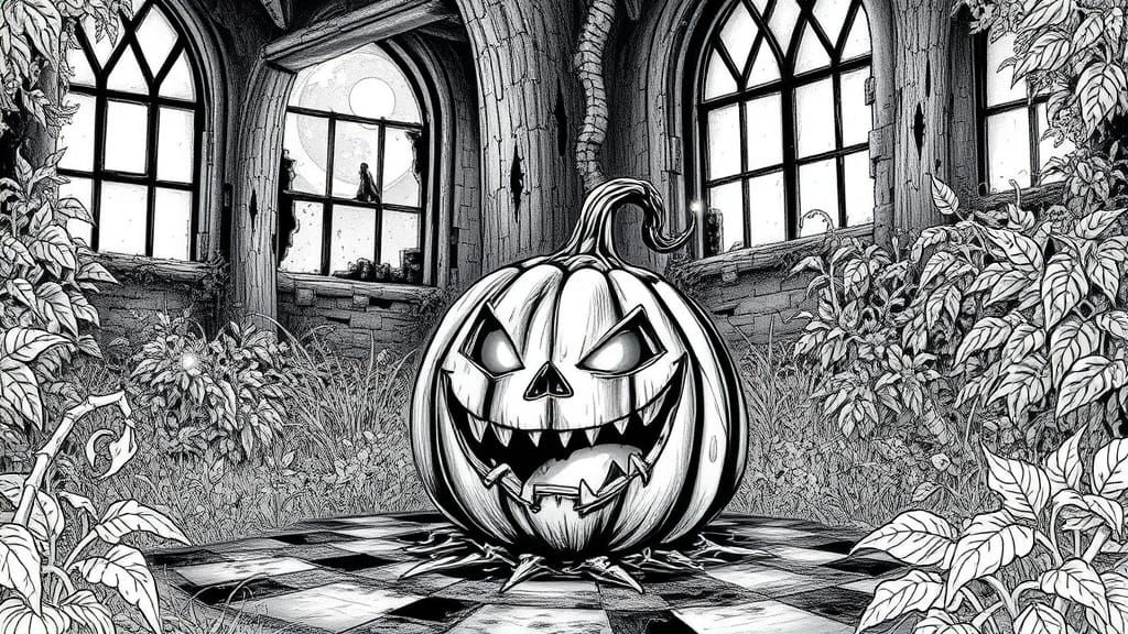 Decaying Jack-o'-Lantern in Ruined Manor, Macabre Line Art S...