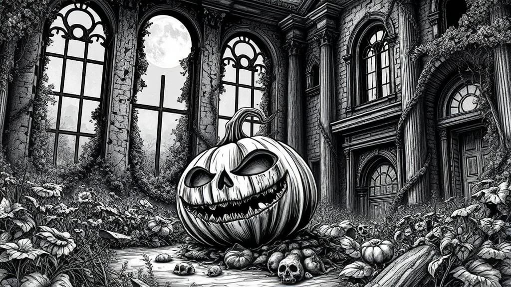 Haunting Jack-o'-Lantern in Ruined Manor, Line Art Style