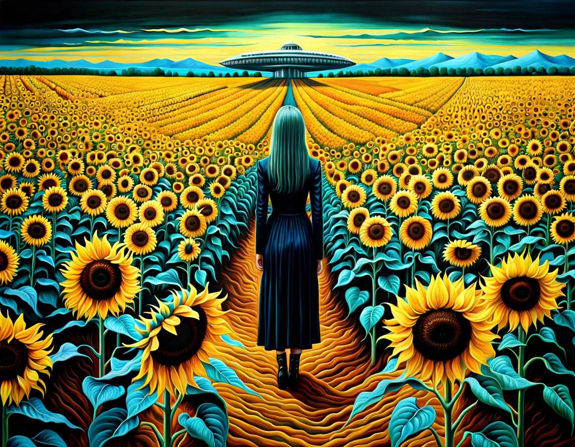 Surreal Sunflower Field Fashion Show in Oil Painting
