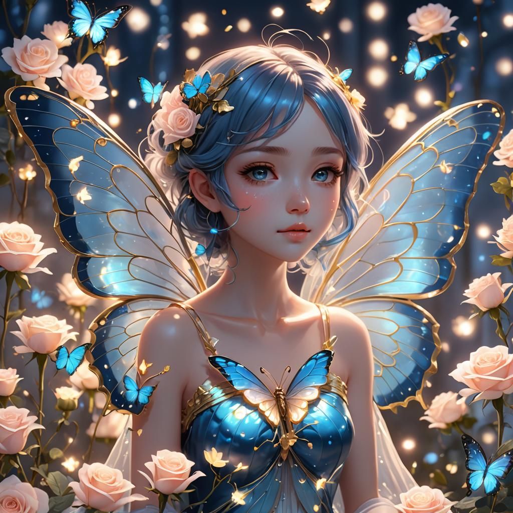 Glass Butterfly with Bioluminescent Wings on Roses