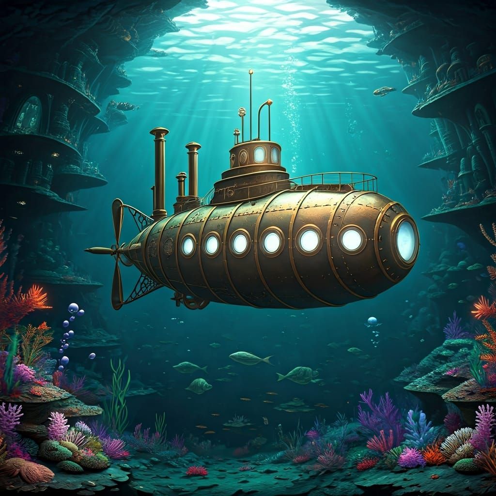 Steampunk Submarine Explores Underwater City in Detailed Fan...