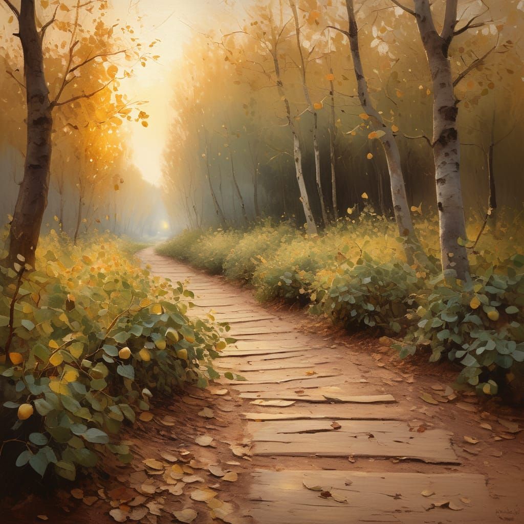 Early autumn forest path with rustling amber and gold leaves, cool crisp air, soft drifting sunlight, earthy tones, smok...