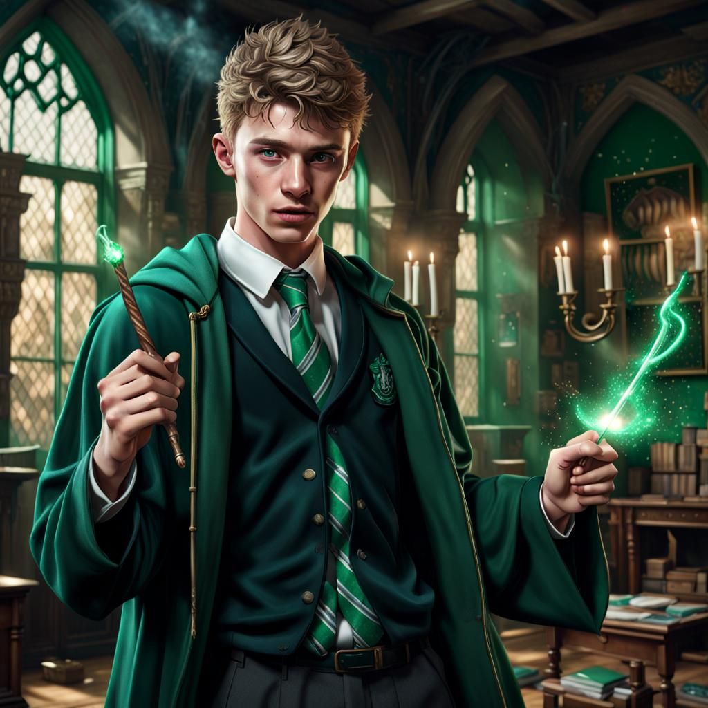Slytherin Student Casting Dark Magic: Hyperrealistic Portrai...