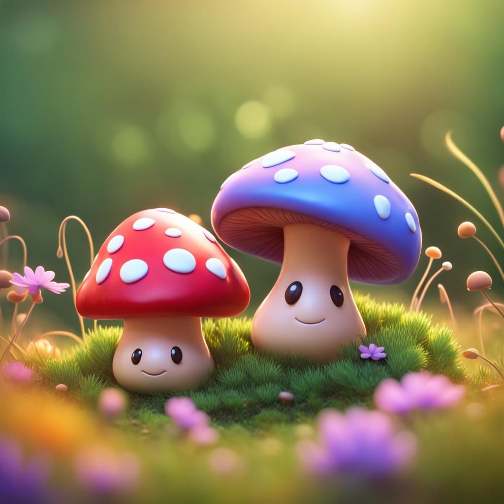 Cute Kawaii Mushroom Hearts in 3D Digital Art