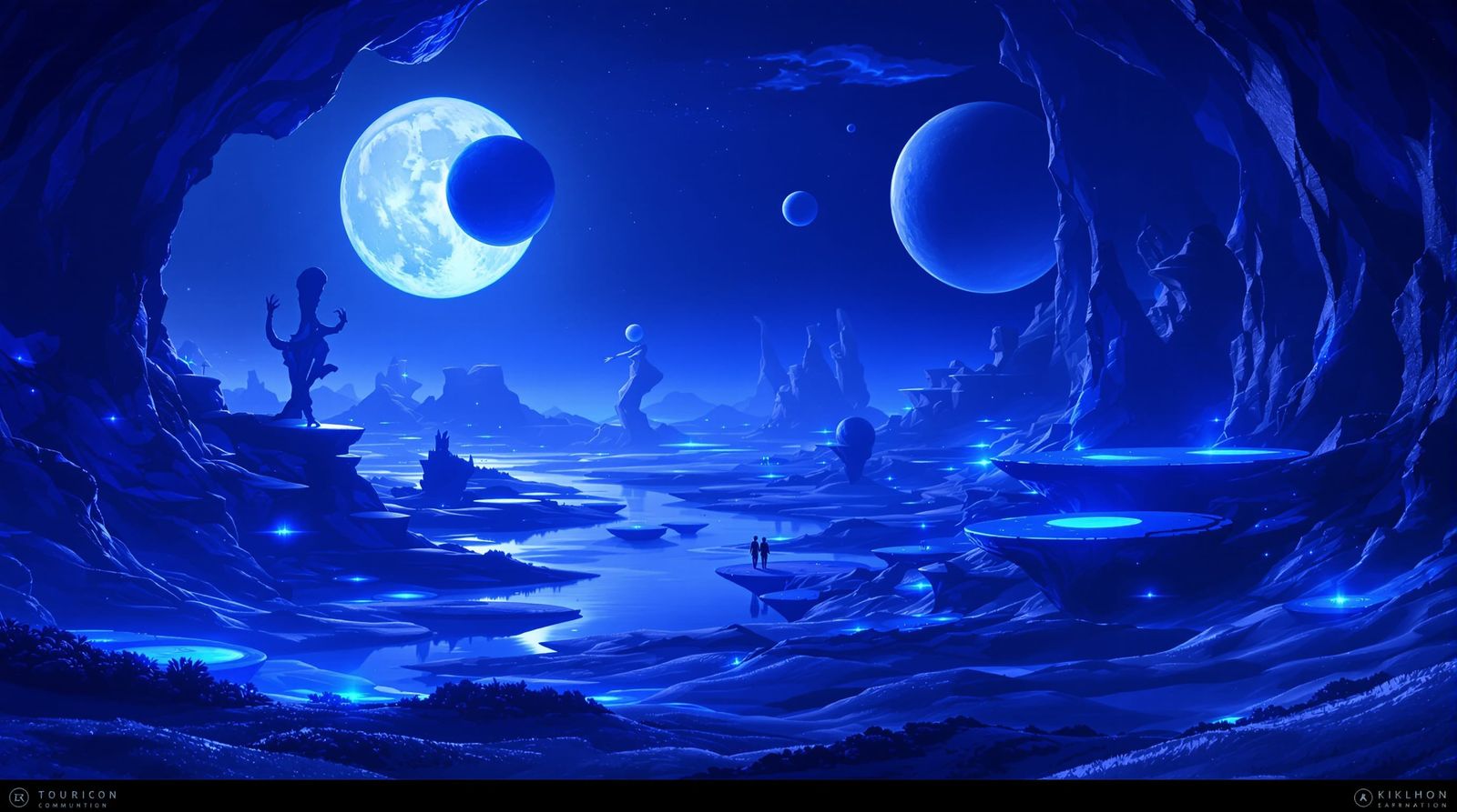Surreal Blue Alien World with Floating Islands