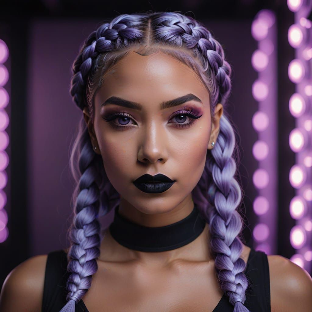 Glamorous Woman with Pastel Purple Braids and Black Lipstick