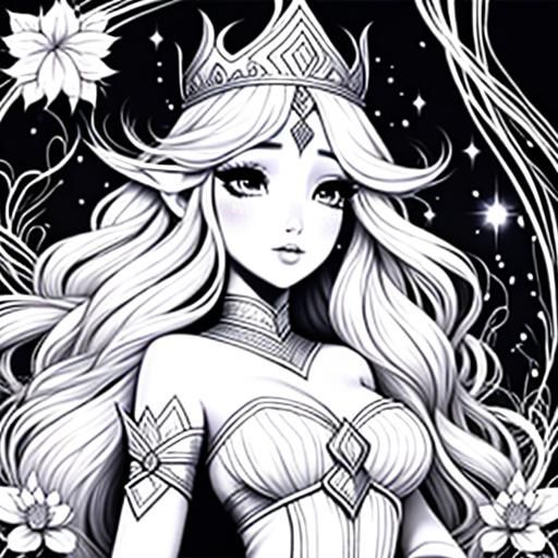 Fairy Princess Coloring Book Page, Line Art