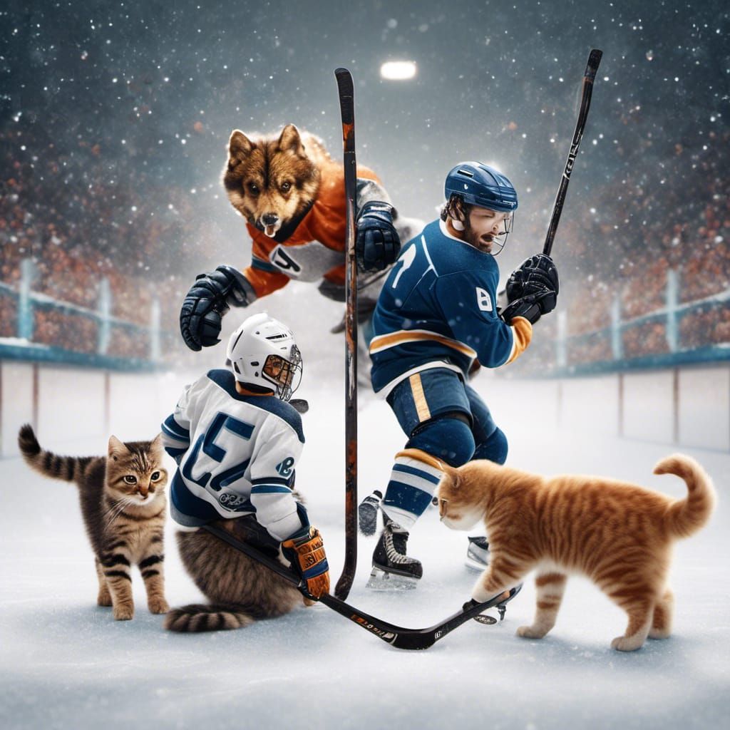 Dogs and Cats Play Hockey on Winter Rink