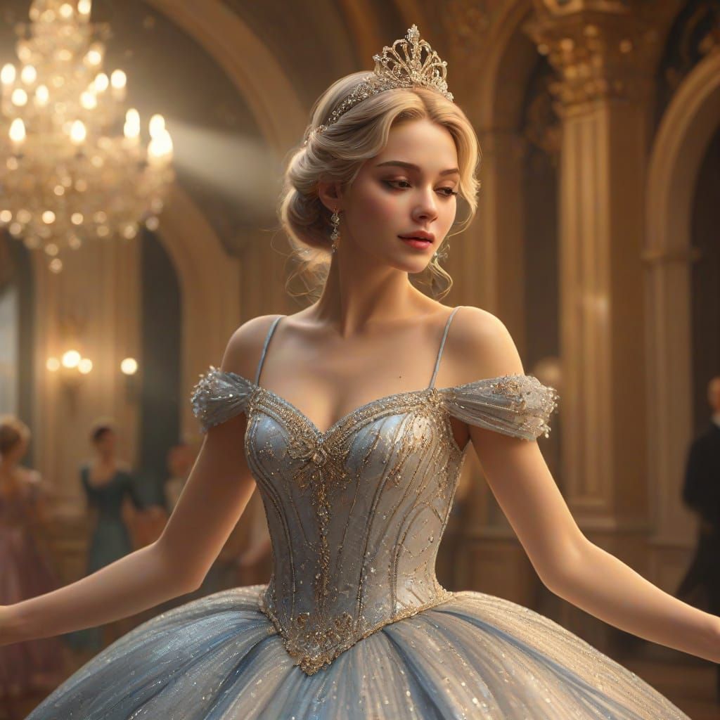 Cinderella Dancing in a Lavish Ballroom as Digital Art