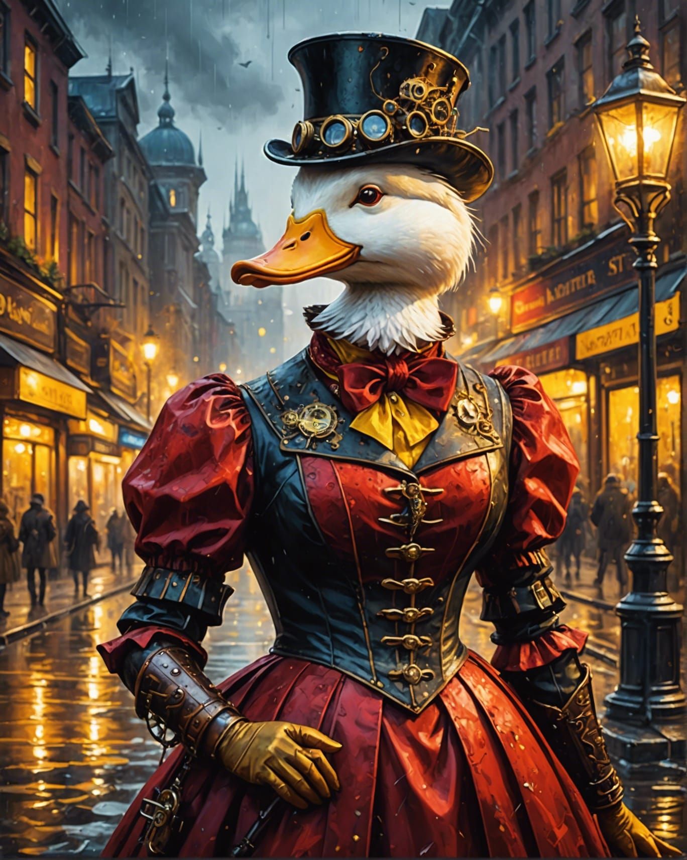 Steampunk Duck in Red Dress as Oil Painting