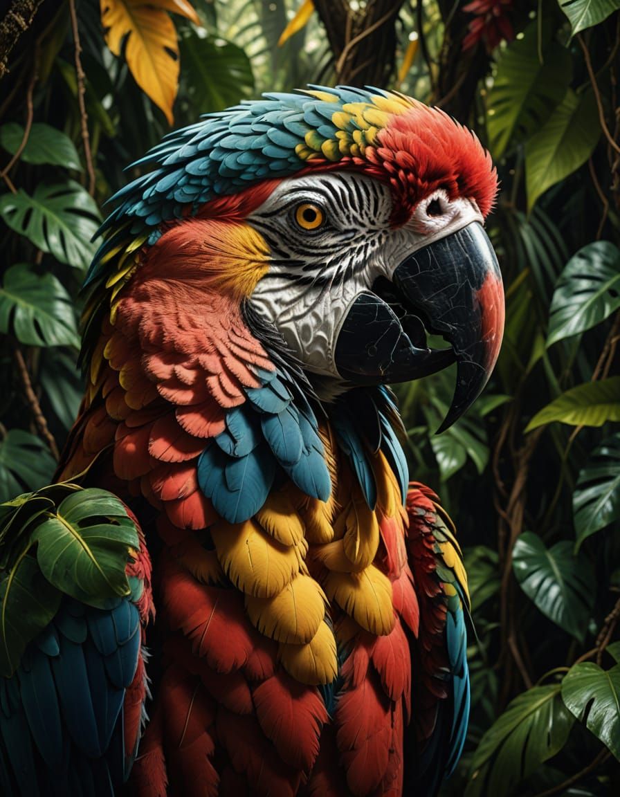 Surreal Hyperrealistic Macaw Perched on Jungle Vine