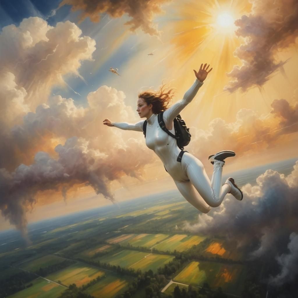 Woman Skydiving Through Clouds in Impressionist Oil Painting