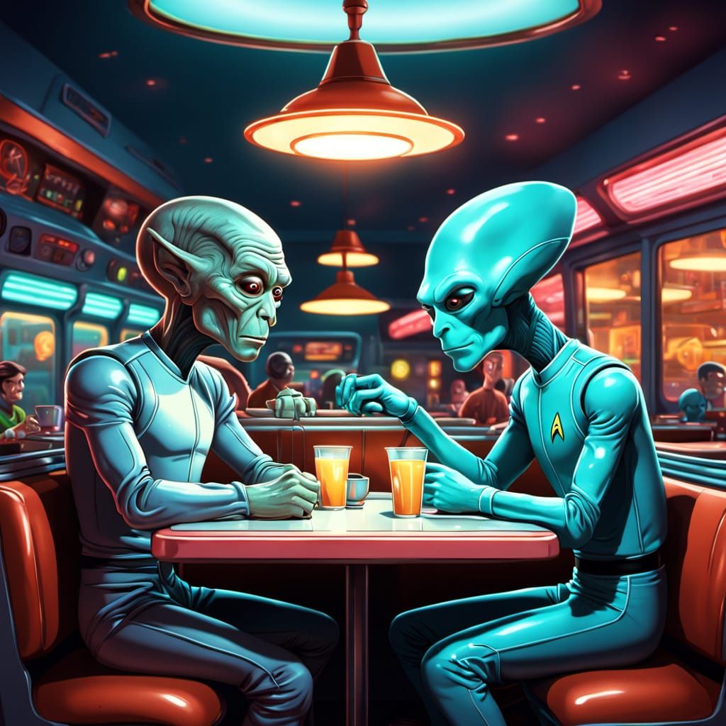 Spock and Alien at Diner in Cartoon Style
