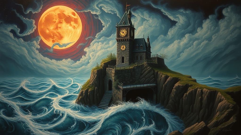 Sinister Clock Tower with Blood Moon, Fantasy Airbrush Art