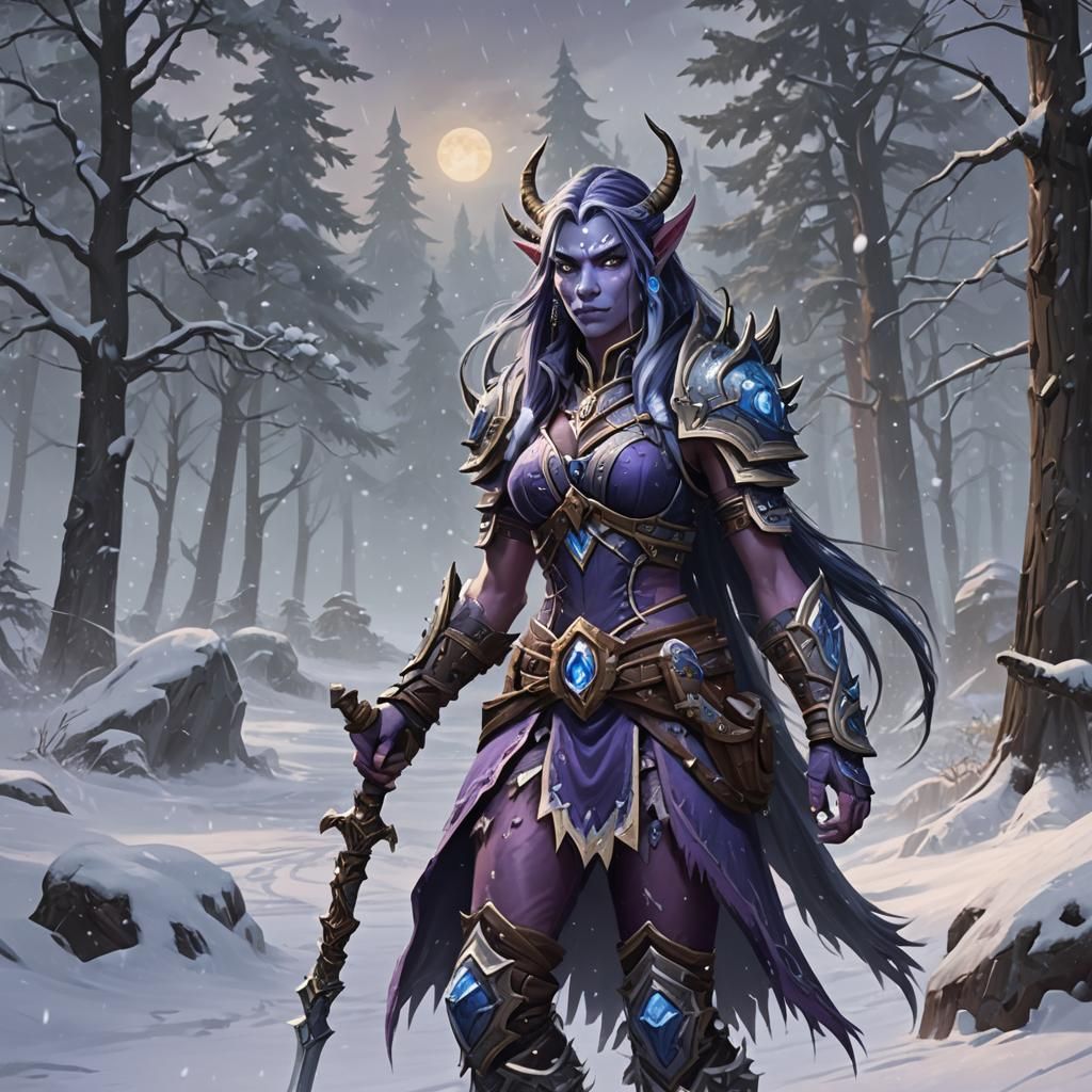 Night Elf Woman in Snowy Tundra, Warcraft Style