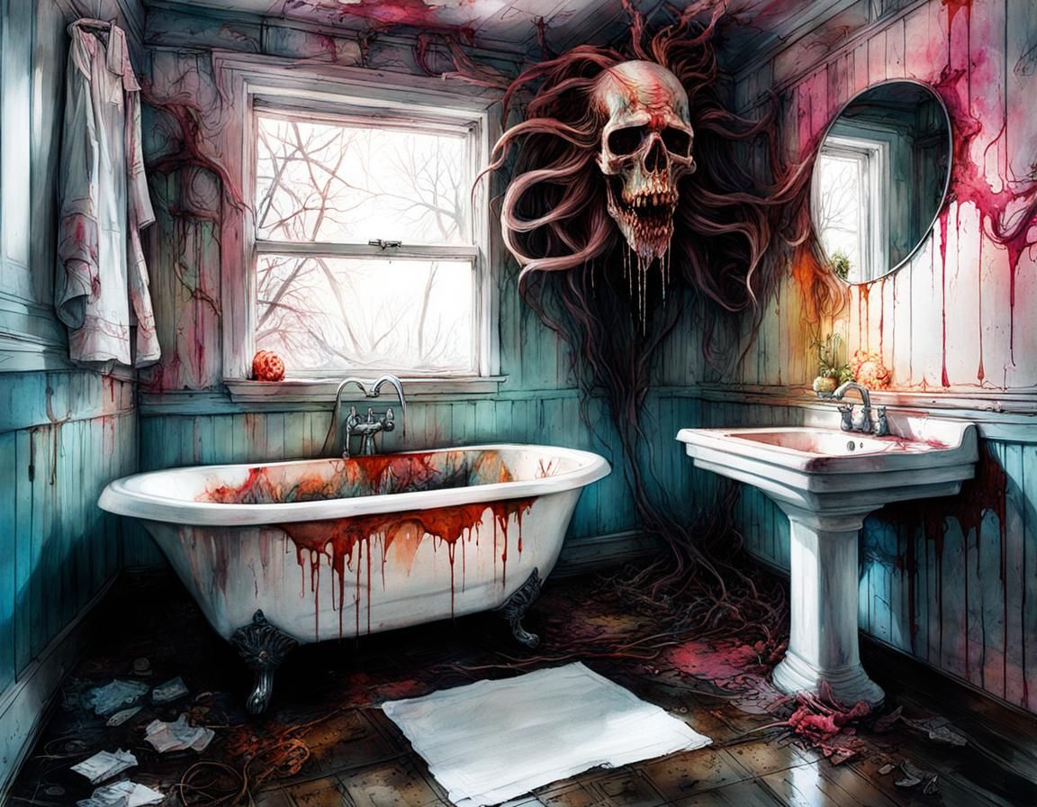 Macabre Cronenberg Monster in Dirty Neon Bathroom