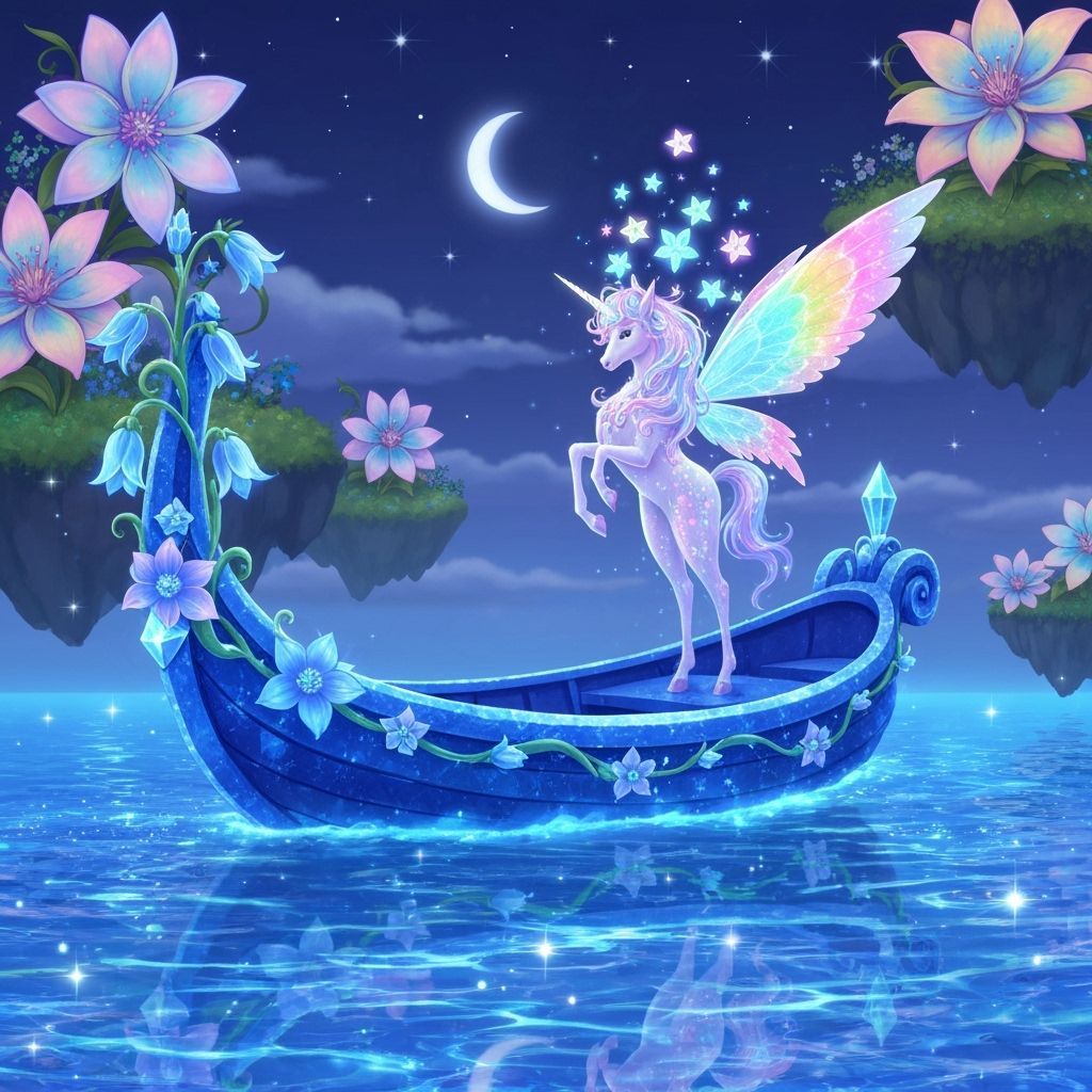 Enchanted Sapphire Boat with Unicorn Fairy and Floating Isla...