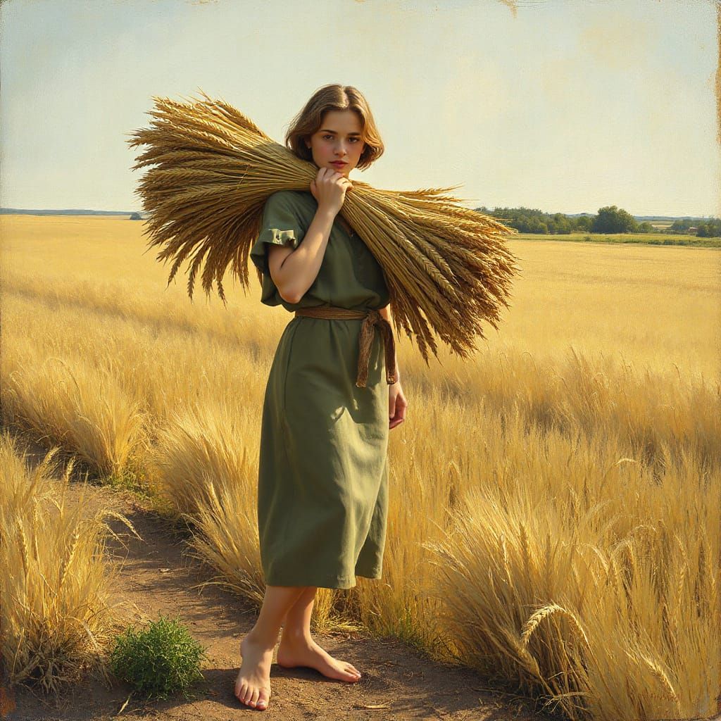 Woman With Wheat: Impressionistic Rural Landscape