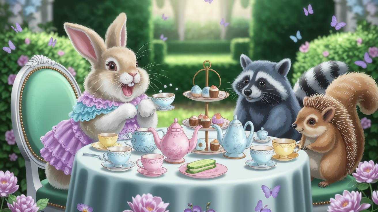 Whimsical Bunny Tea Party in Pastel Colors