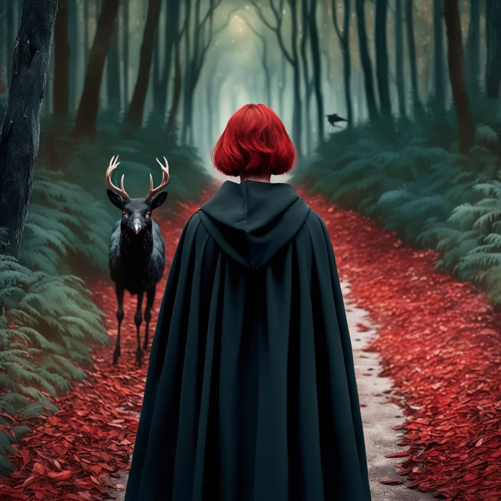 Woman in Cape on Wooded Path: Hyperrealistic Art