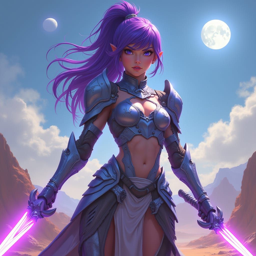 Fierce Warrior on Alien Planet with Energy Sword