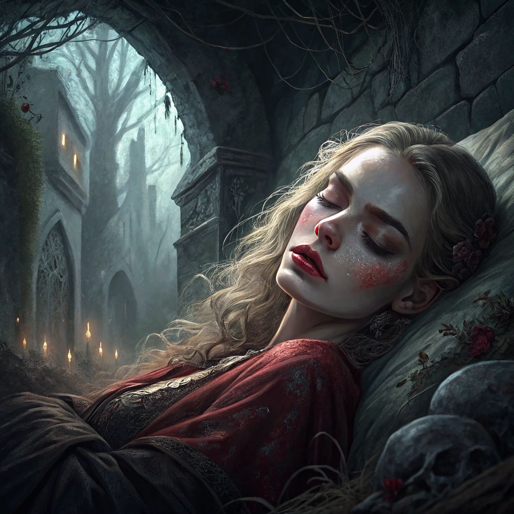 Gothic Woman Slumbers in Dystopian Biopunk World