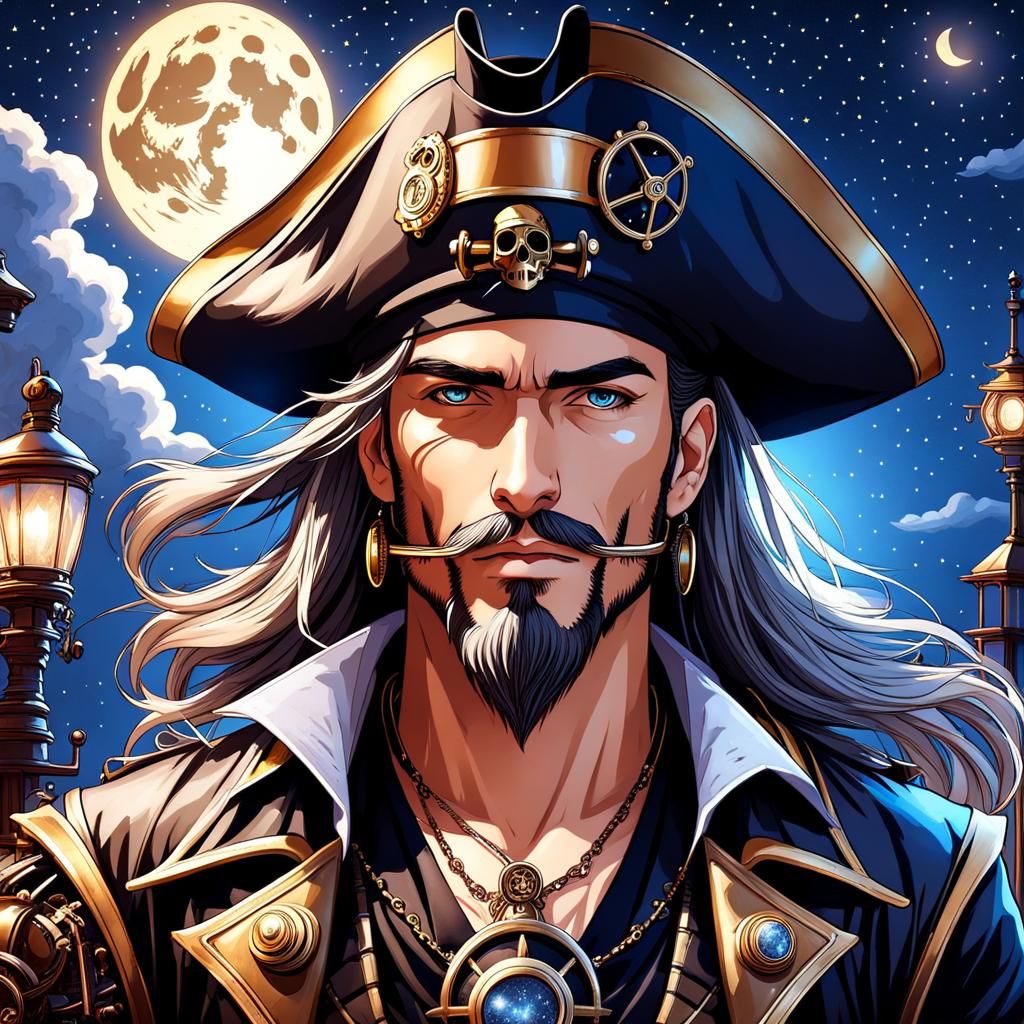 Fantasy Pirate Under Starry Sky in Steampunk Style