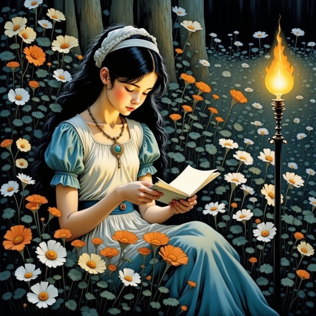 Girl Reading Letter in Lush Garden, Detailed Illustration