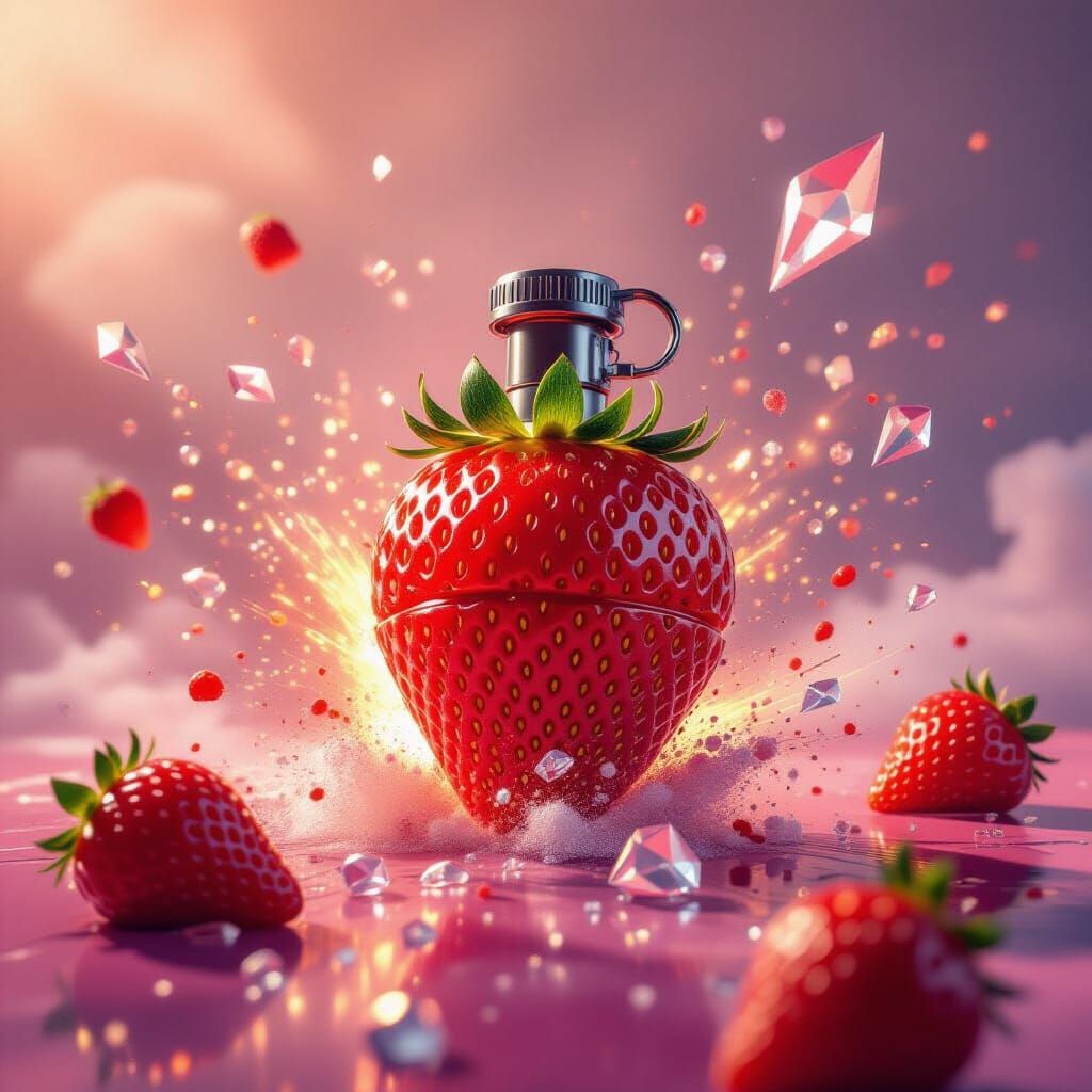 Strawberry Hand Grenade Exploding: Surreal Digital Art