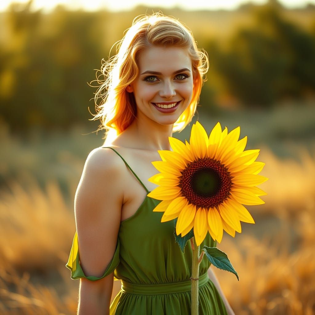 Cinematic Portrait of Woman with Sunflower in Golden Light