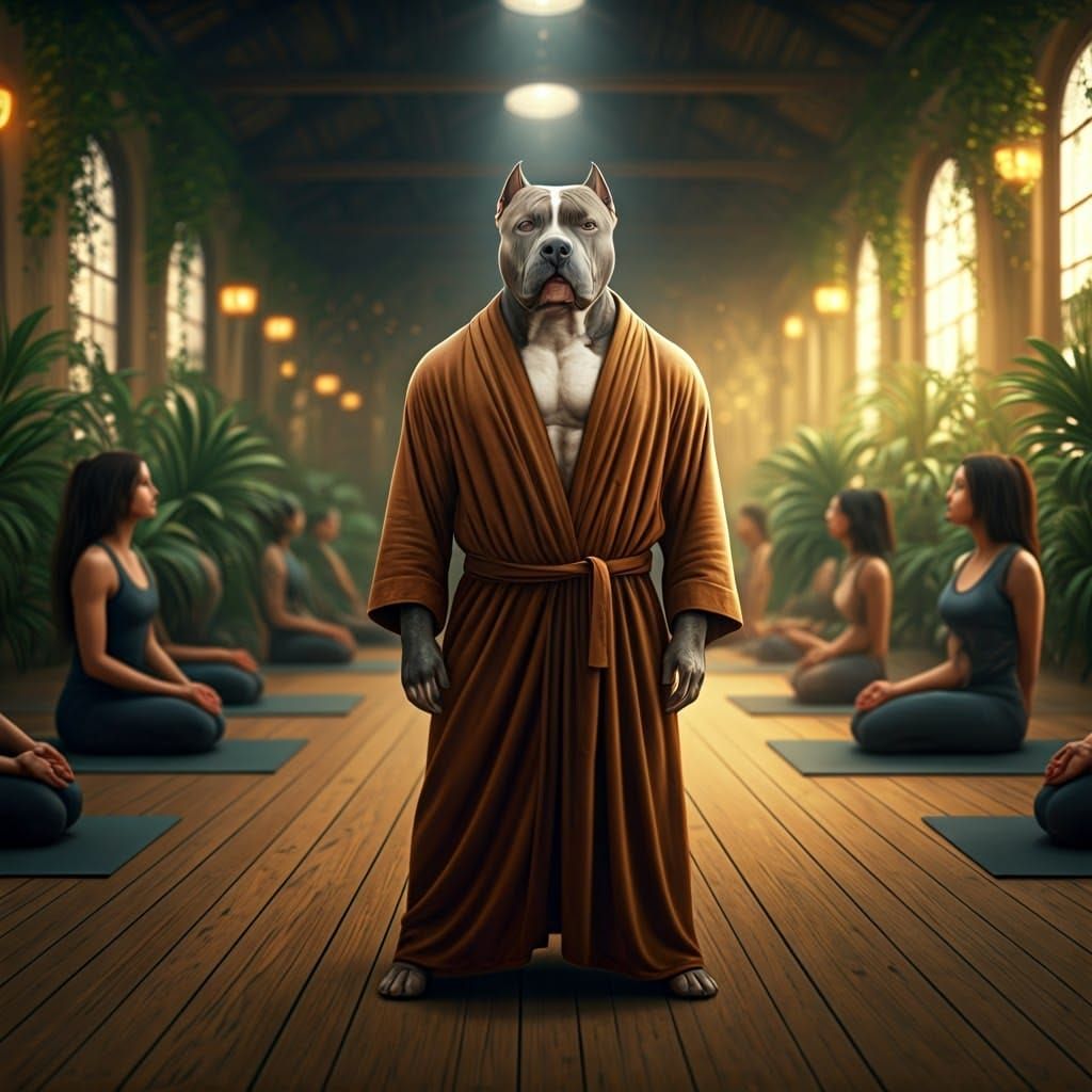 Serene Pitbull Yoga Instructor in a Lush, Golden-Lit Studio