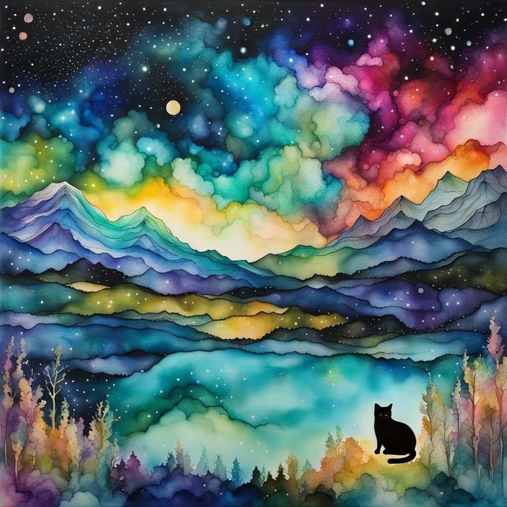 Surreal Cat in Otherworldly Alcohol Ink Galaxy