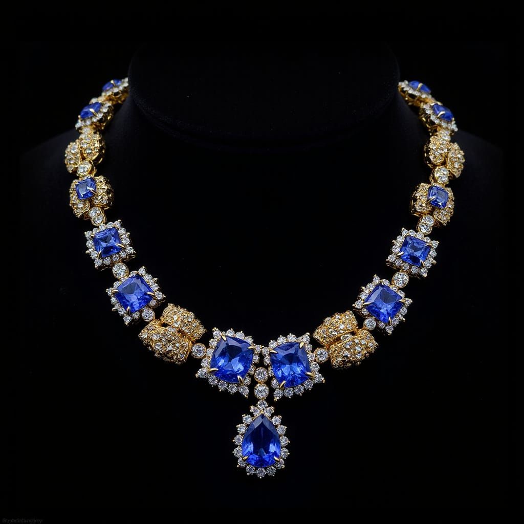Sapphire and Gold Necklace in Fashion Photography Style