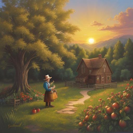 Johnny Appleseed in Whimsical Folk Art Style