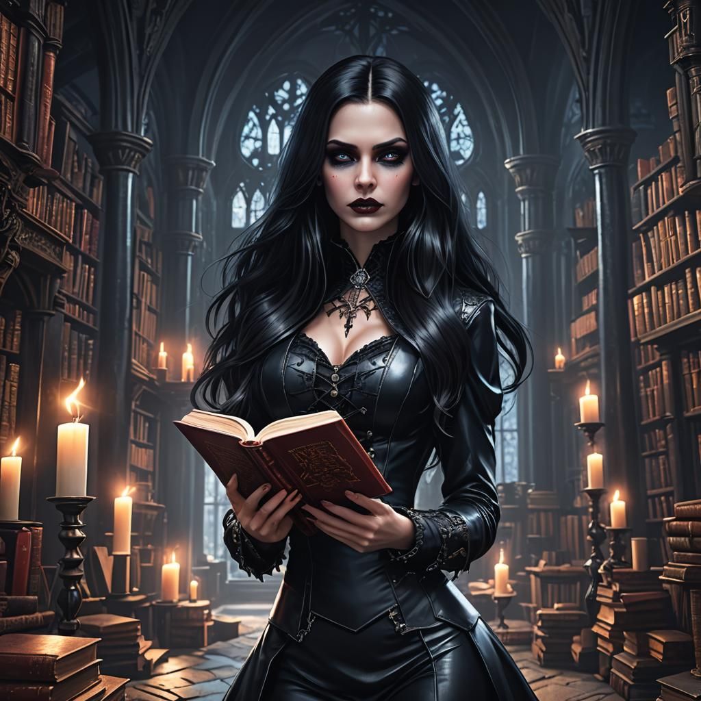 Gothic Vampire Girl Reading, Detailed Fantasy Art