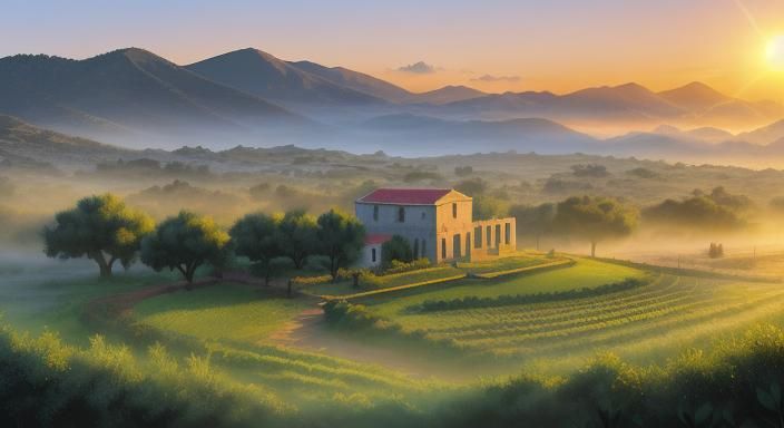 Misty Sunrise Over Greek Olive Farm Digital Art