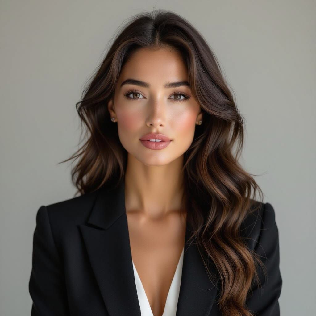 Professional Portrait of Woman with Wavy Hair in Studio Ligh...