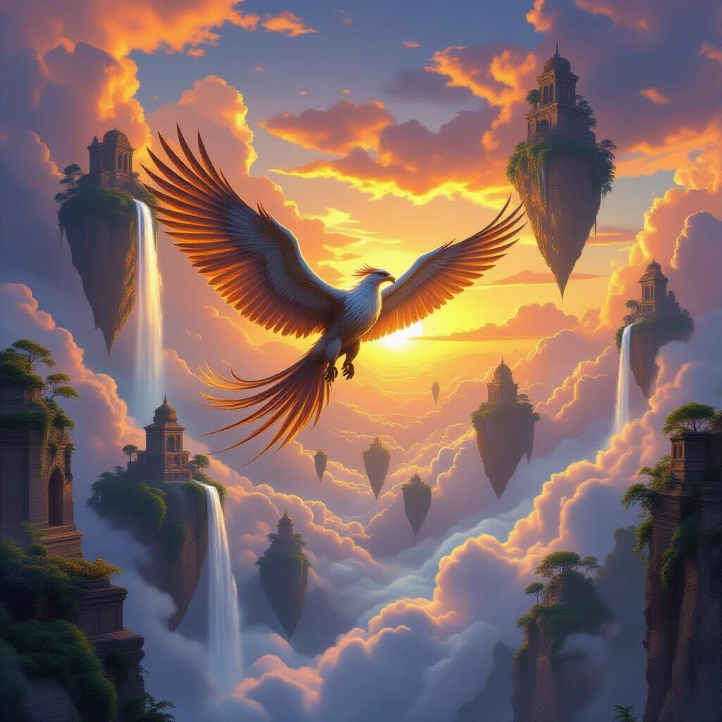 Majestic Griffin Soars Over Floating Islands at Sunset