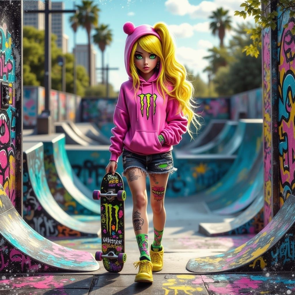Skater Girl with Neon Outfit at Graffiti Skate Park