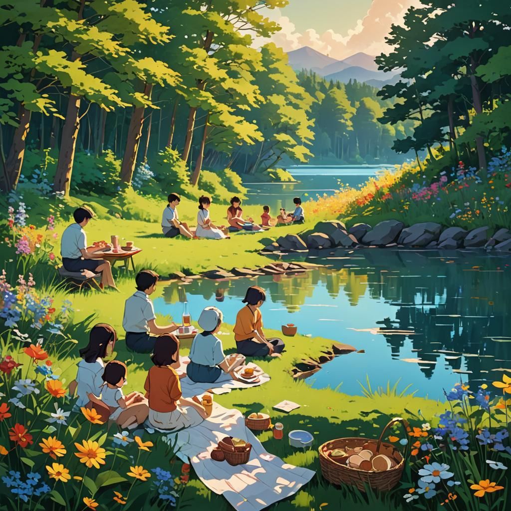 Anime Family Picnic by Sky Blue Lake