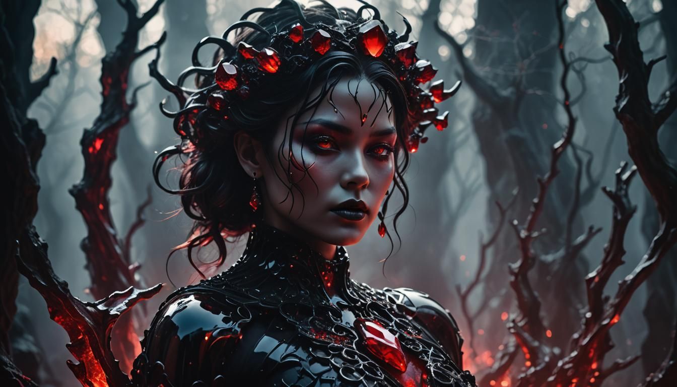 Obsidian and Ruby Woman: Dark Glass Sculpture