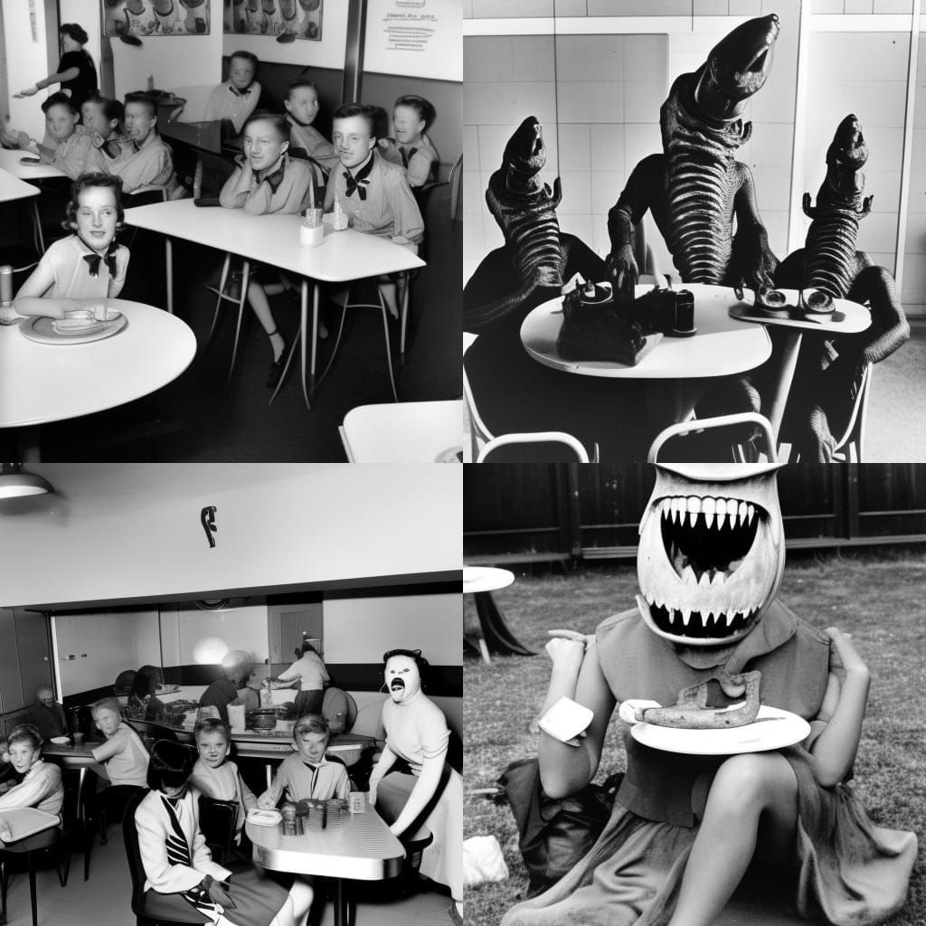 Creepy Sci-Fi Monsters in 1950s Canteen Photo