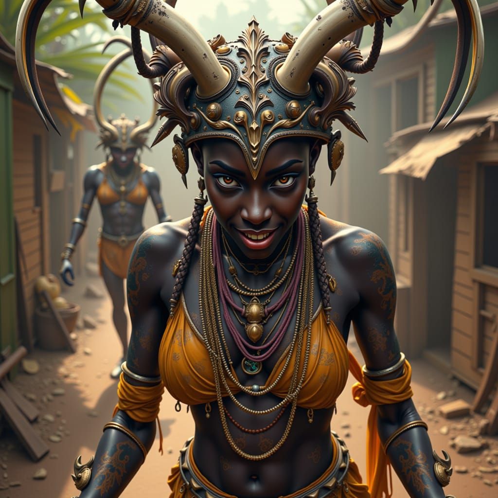 African Goddess with Bone Hooks in Mystical Style