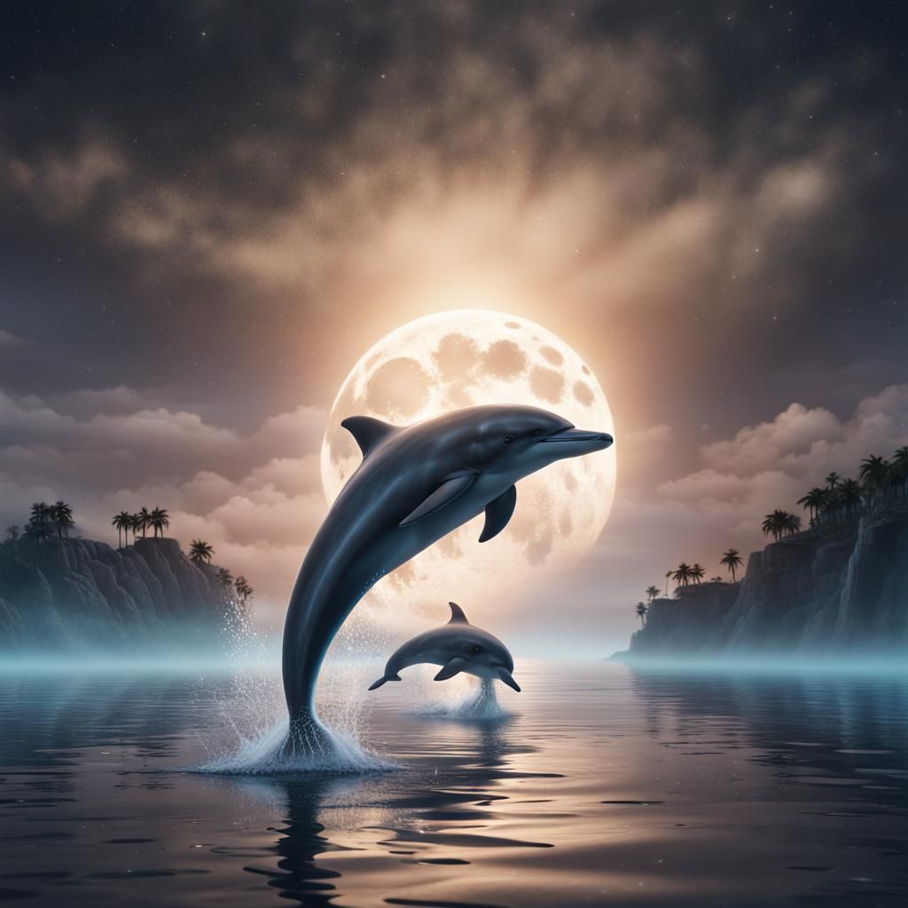 Dolphins Dancing Under Moonlight: Fantasy Concept Art