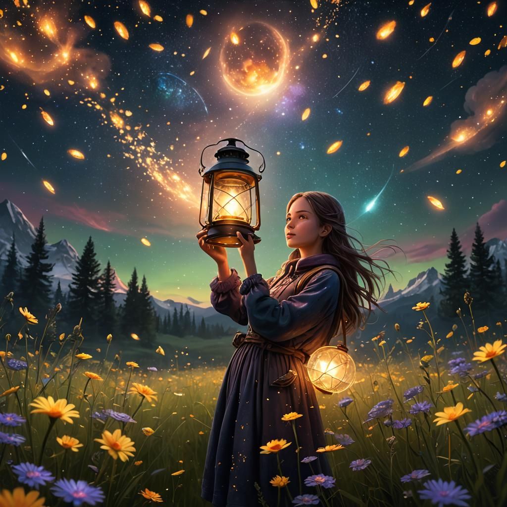 Girl with Firefly Lantern Under Starry Sky